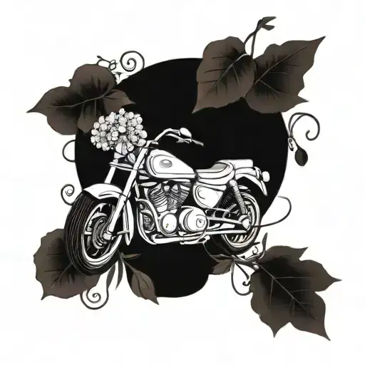A Beautiful Blackwork Tattoo Of A Motorcycle Surrounded By A Wreath Of Flowers And Leaves