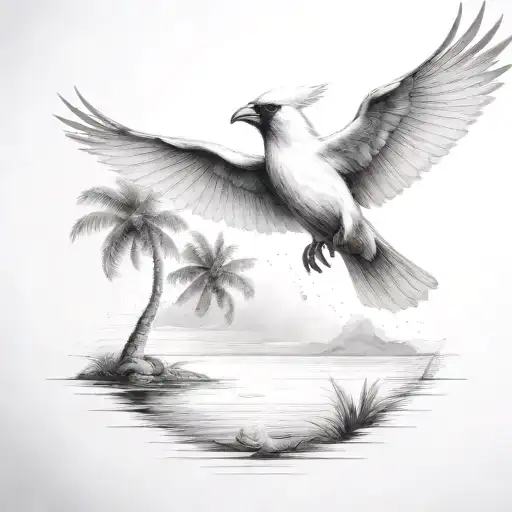 Flying Cardinal To The Ocean And Palm Tree With Tornado