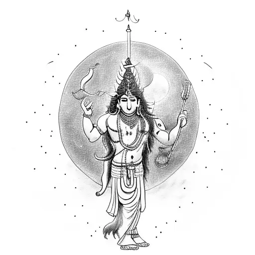 A Beautiful Moonlit Scene With Shiva Playing A Musical Instrument Under A Tree