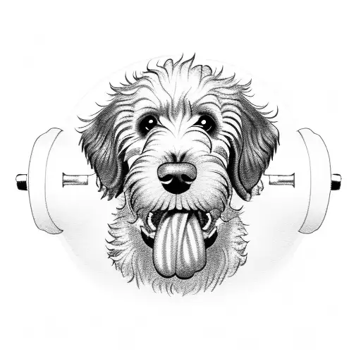 Bernedoodle Dog Holding A Weight Dumbbell In His Mouth