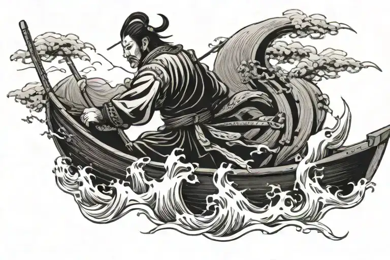 Samurai In Sea Weaves Alone In A Boat Seen From The Back