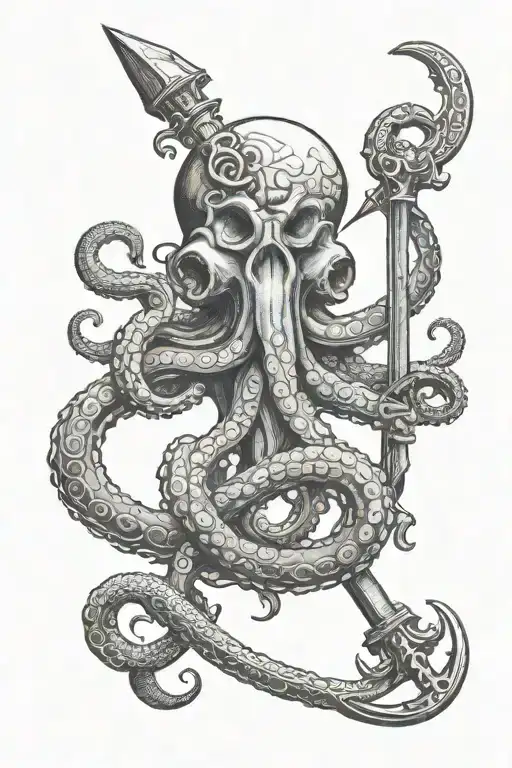 Octopus Wrapped Around Anchor Holding Trident Intertwined