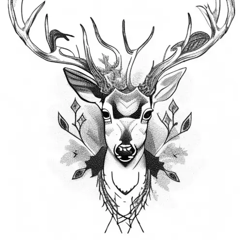 A Blackwork Tattoo Of A Deer With Barbed Wire Wrapped Around Its Antlers