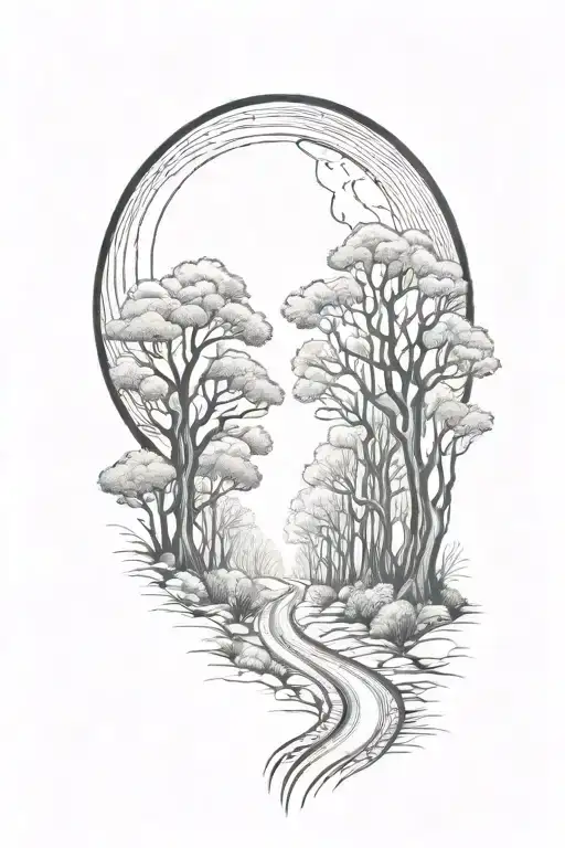 Trees Road Behind Leading To Moon