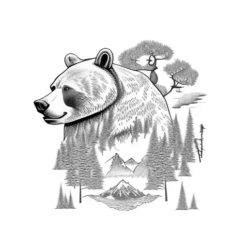 Pacific Northwest Scenery With Animals Made Up Of Elements Of Nature Like A Bear Made Of Trees