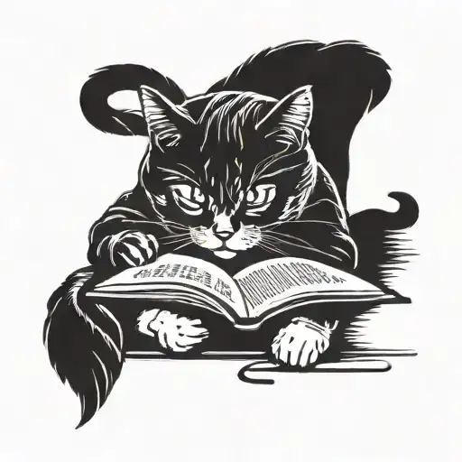A Cat Reading A Book With A Paintbrush In Its Paw