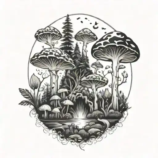 A Surreal Landscape Of A Mystical Forest With Exotic Plants And Trippy Mushrooms