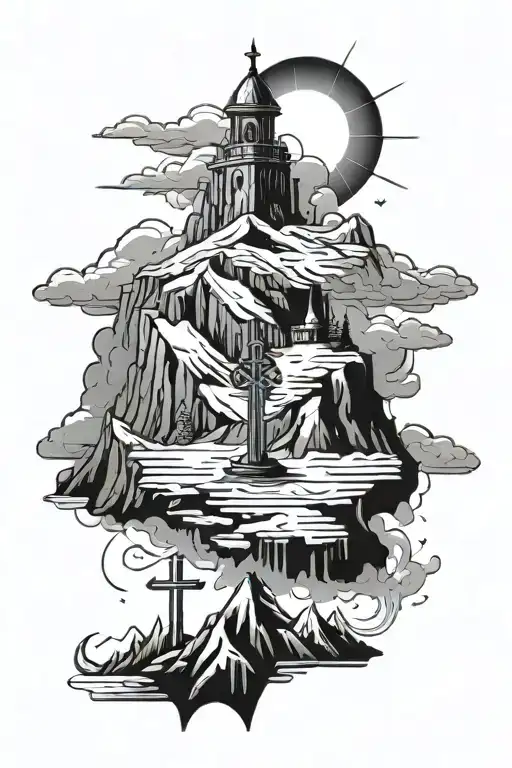 Montain And Christian Cross At Top Hat