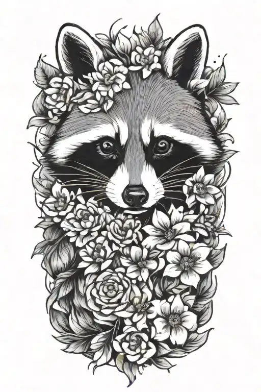 Raccoon Curled Up In Flowers