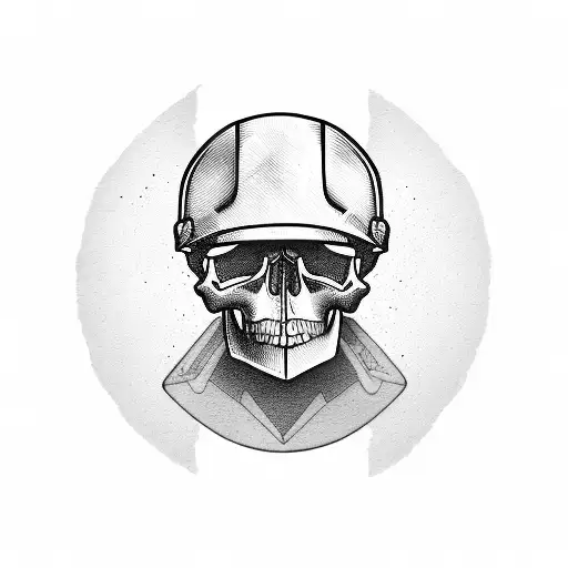 Skull Wearing A Construction Hard Hat And Holding A Skateboard In A Blackwork Style