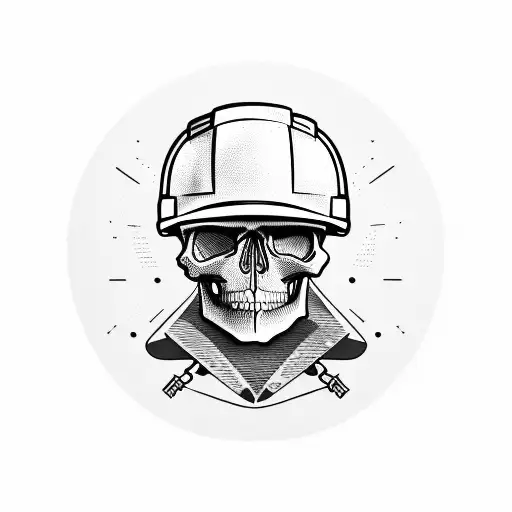 Skull Wearing A Construction Hard Hat And Holding A Skateboard In A Blackwork Style