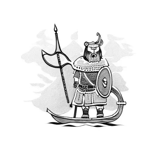 Viking Standing On Viking Boat And Wearing Bear Hat On His Head