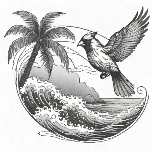 Cardinal Flying Under An Ocean Wave With Palm Tree Background