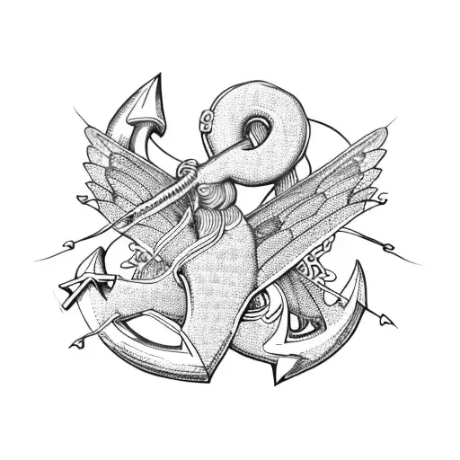 An Anchor With Intricate Heart-shaped Designs And A Dragonfly Flying Around It