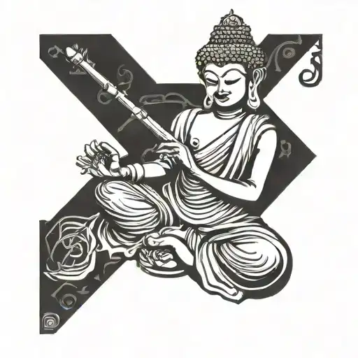 A Detailed Blackwork Tattoo Of Buddha Playing The Carnatic Flute