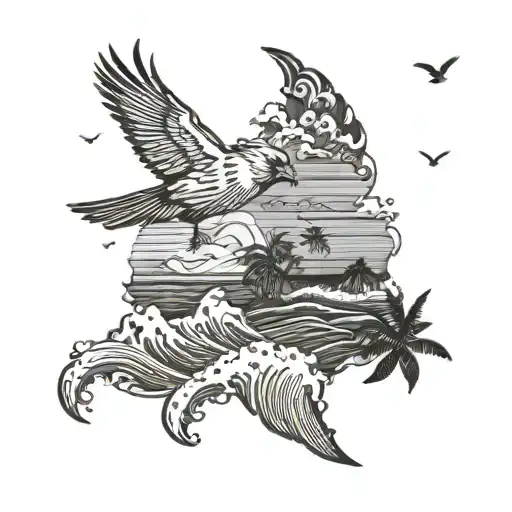 Cardinal Flying Under An Ocean Wave With Palm Tree Background