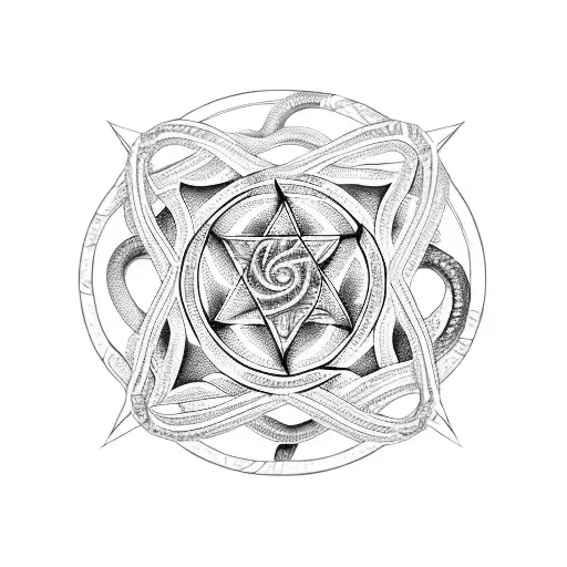 Seven Snakes In A Circle With A Pentagram As A Center