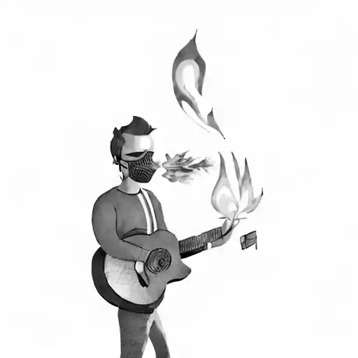 A Man Holding A Guitar Breathing Fire Out Of A Mask