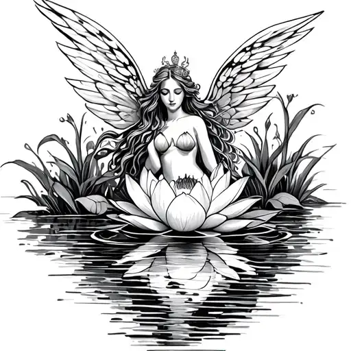 Fairy With Angel Wings Flying Over Water Lily