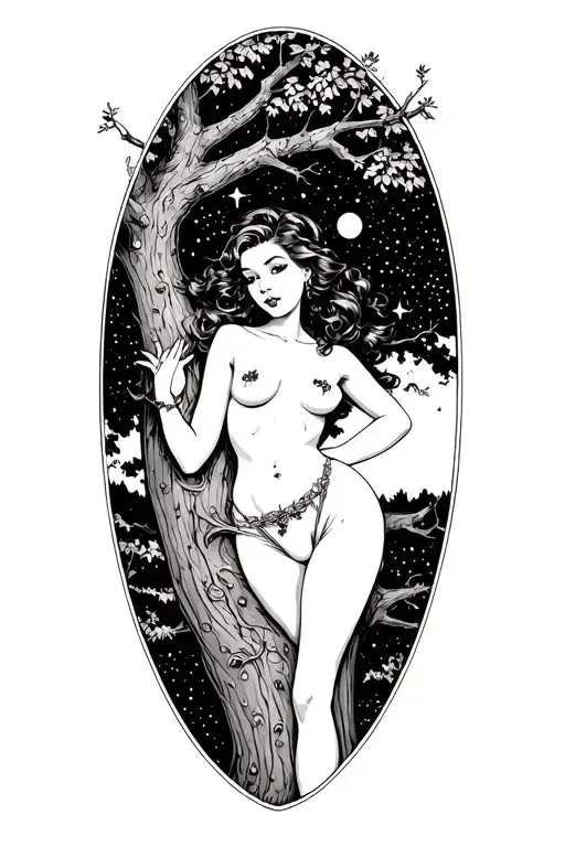 A Sexy Pin-up Girl Hugging A Tree Under A Starry Sky
