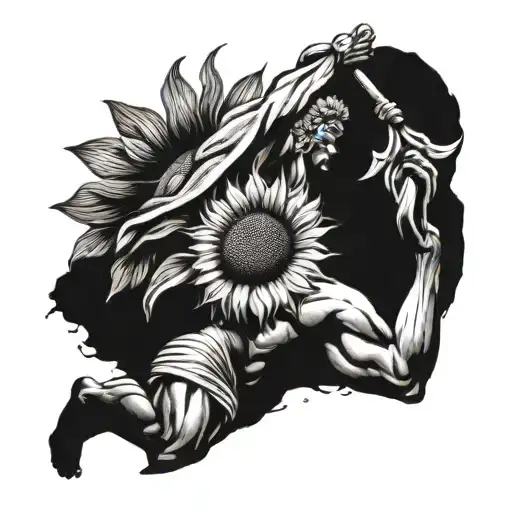 A Blackwork Tattoo Of A Greek Warrior Lifting A Sunflower As A Symbol Of Resilience And Growth
