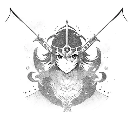 An Anime Character Wielding A Sword With A Background Of Korean And Japanese Symbols