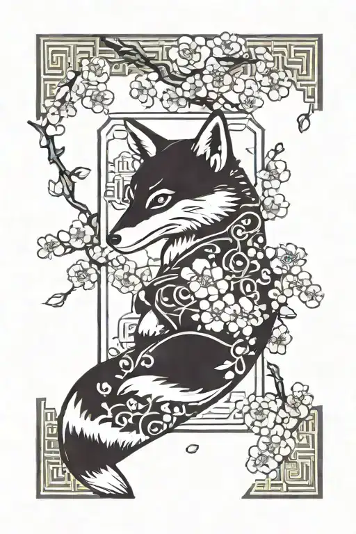 Ractangle Omamori Talisman Looking Left Fox Inside Cherry Blossom Around