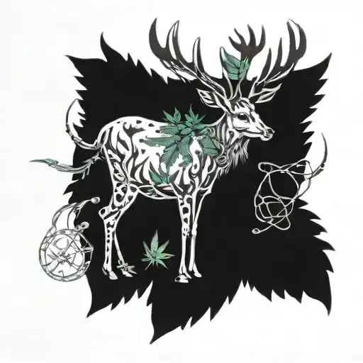 A Detailed Blackwork Tattoo Of A Majestic Deer Surrounded By Fishing Hooks And Cannabis Leaves