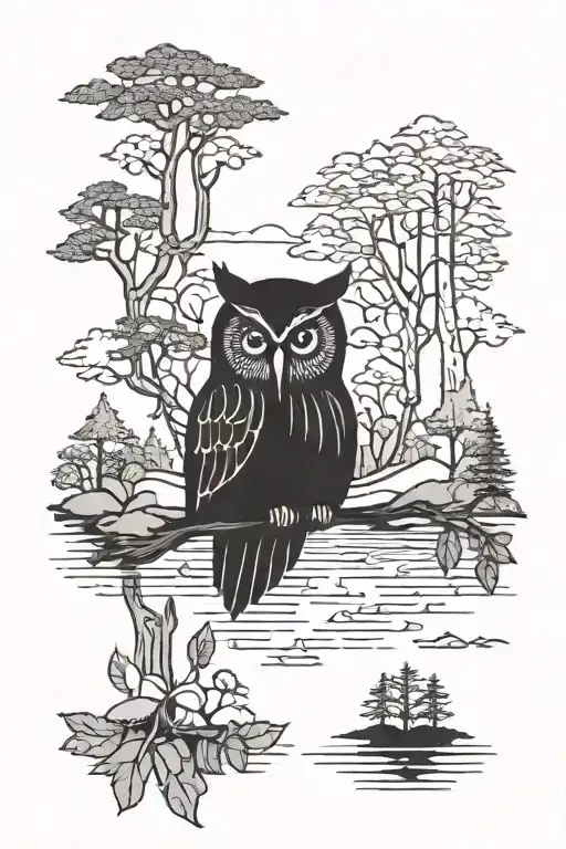Owl And Woods And Lake Scene