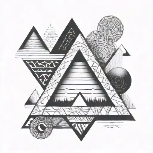 A Pyramid Made Out Of Skateboards With Black Geometric Shapes Inside