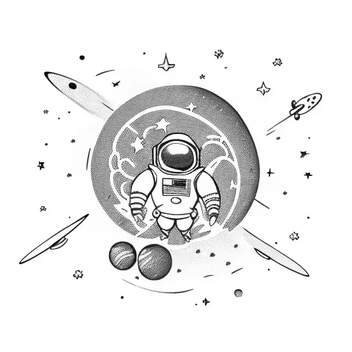 Cartoon Astronaut With Big Backpack Floating Through Space Holding Planet Shaped Balloons