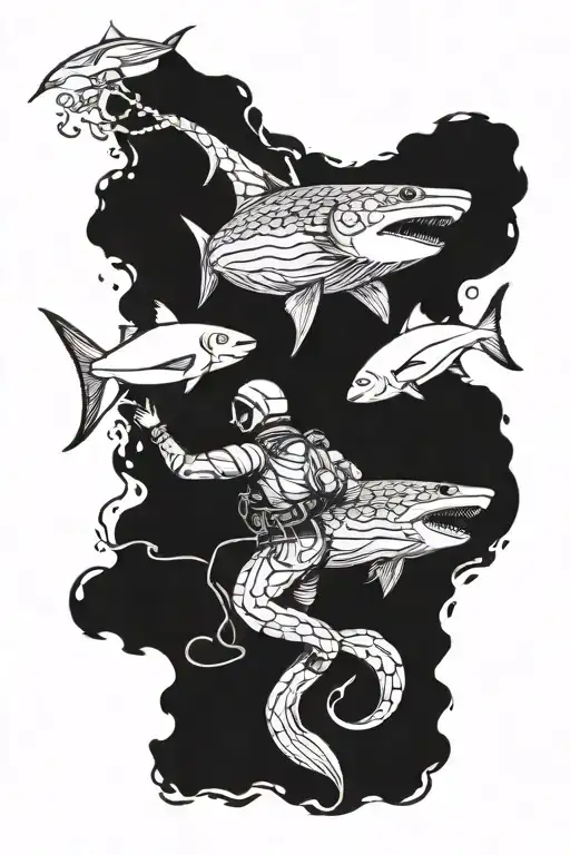 Scuba Diver Fighting Giant Squid And Shark