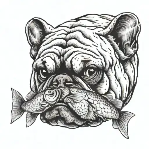 Bulldog With Long Eyelashes Eating A Fish With A Supernatural Touch