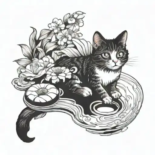 Create A Tattoo Of A Black Angel Cat Enjoying A Doughnut In A Serene Koi Pond Setting