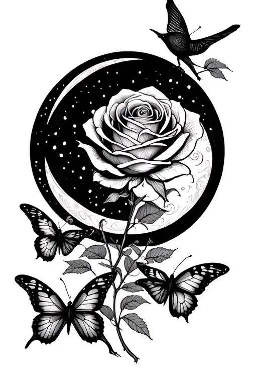 Rose And Moon With Butterflies And Birds