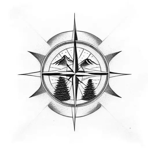A Blackwork Tattoo Of A Compass Rose With Pine Trees And Mountain Peaks In The Background