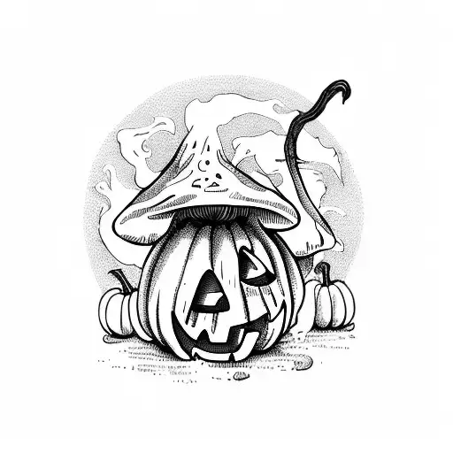 A Spooky Halloween-themed Mushroom Patch With A Smoking Cauldron