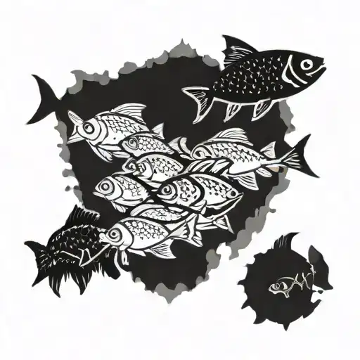 A Detailed Blackwork Tattoo Of A School Of Fish Swimming In A Circular Formation