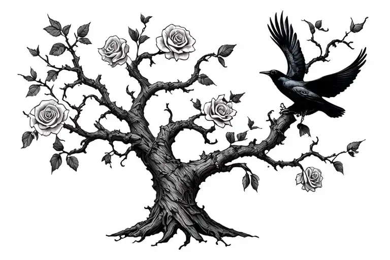 Witches Oak Tree Crow Flying Roses Wrapped