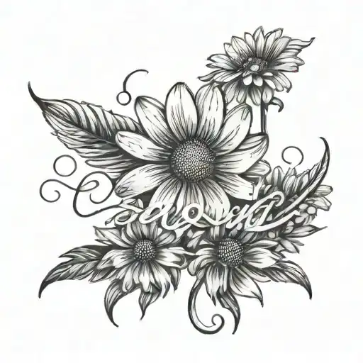 A Delicate Wrist Tattoo Of A Daisy And Aster Intertwined With The Word 'Serenity'