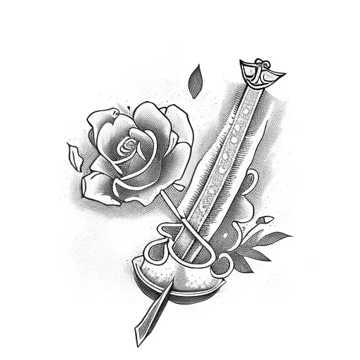 Sword With Sake Around It And Flowers