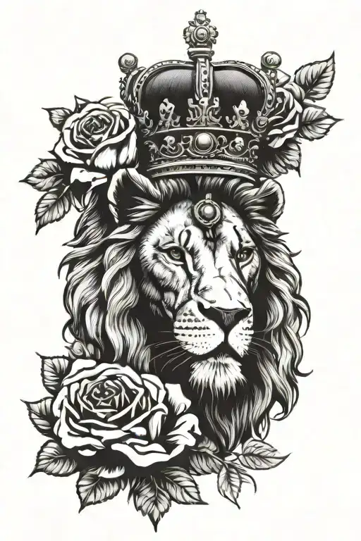 Lion Head With A Crown Surrounded By Roses