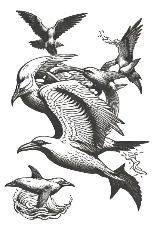 Gannets Diving Into The Water While Dolphins Swimming Under The Water With A Fish In Their Mouth