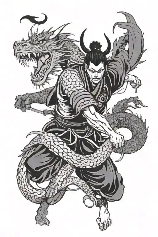 Samurai And Dragon On The Front Of The Shin