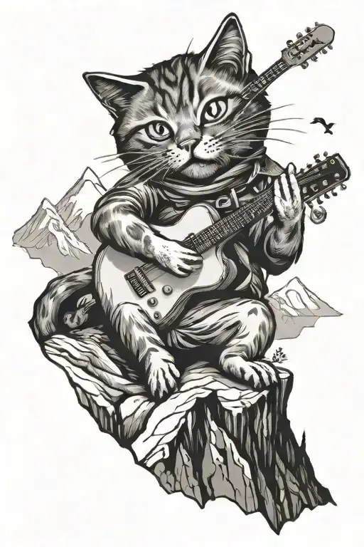 A Tattoo Of A Cat Playing A Guitar On A Mountain Peak