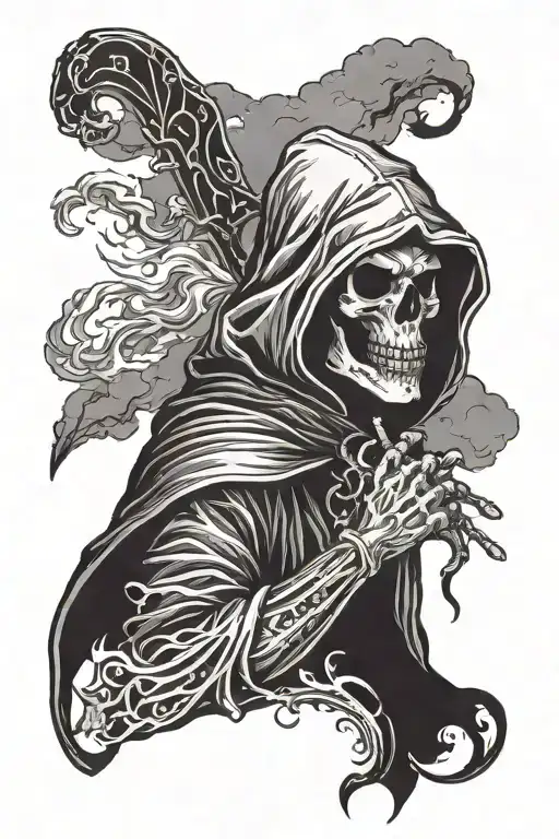 Grim Reaper With Hoodie On Head And Dark Clouds And God Soldier Quote