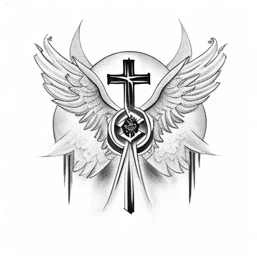 Christian Cross With Angel Wings And Flower Design Underneath