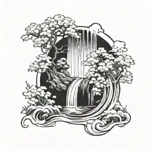 Waterfall In Hokusai Art Style