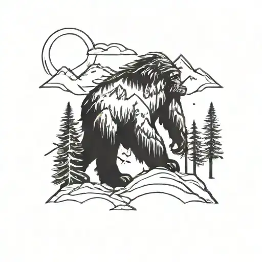 A Minimalist Line Art Tattoo Of A Sasquatch Blending Into The Wilderness Landscape