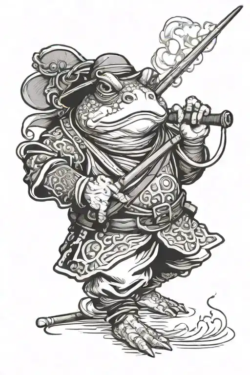 A Samurai Toad With A Katana And Smoking A Pipe Where Smoke Comes Out